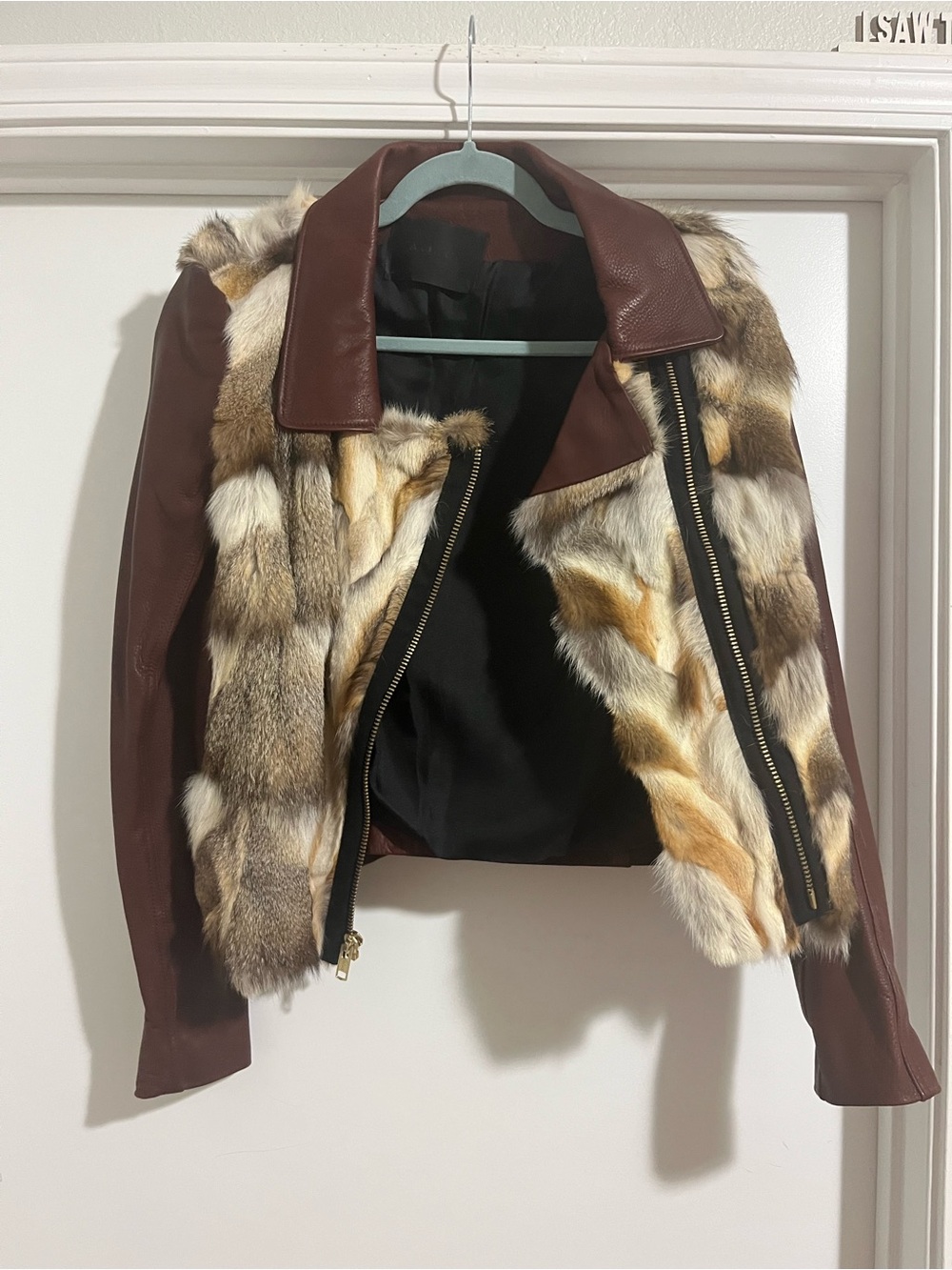 A.L.C. Brown Leather Moto Jacket with Multi-Tone Fur Panels